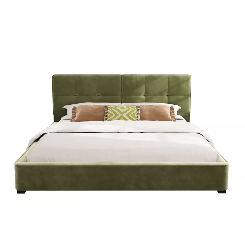 Baofuwish King Size Velvet Upholstered Platform Bed with Curved Tufted Headboard, Modern Low Profile | AmazPromo
