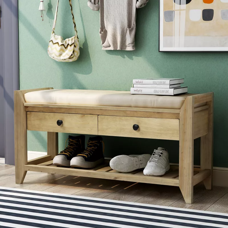 Farmhouse Entryway Bench with Cushion, Shoe Storage Drawers & Bottom Rack, 39" Solid Wood Organizer | AmazPromo