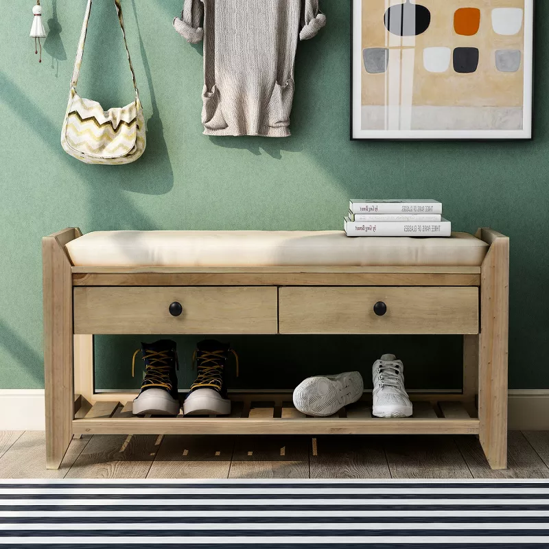 Farmhouse Entryway Bench with Cushion, Shoe Storage Drawers & Bottom Rack, 39" Solid Wood Organizer | AmazPromo