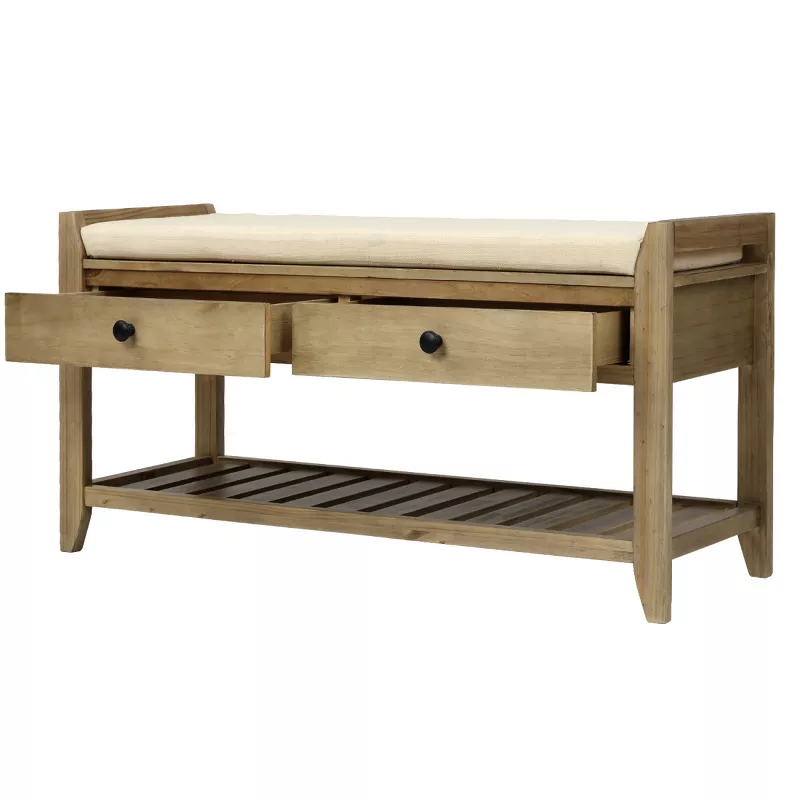 Farmhouse Entryway Bench with Cushion, Shoe Storage Drawers & Bottom Rack, 39" Solid Wood Organizer | AmazPromo