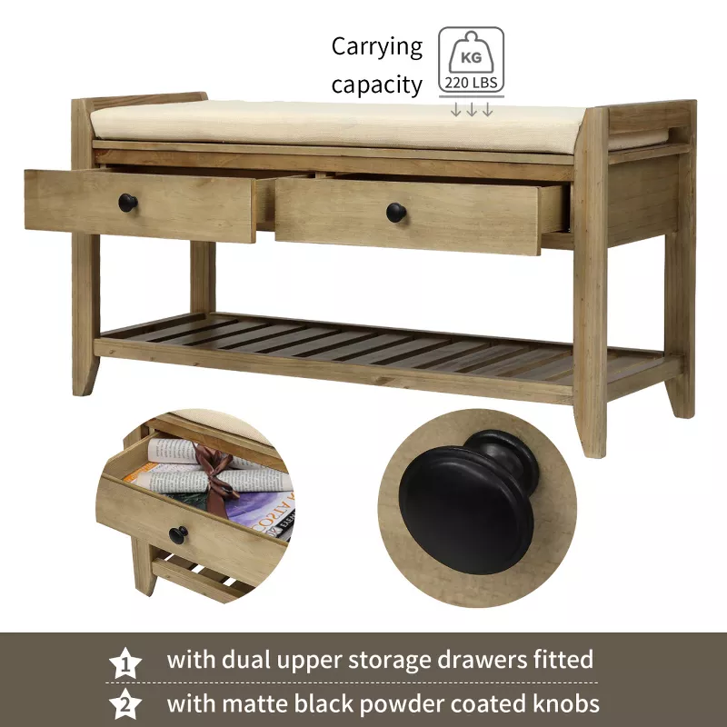Farmhouse Entryway Bench with Cushion, Shoe Storage Drawers & Bottom Rack, 39" Solid Wood Organizer extra image