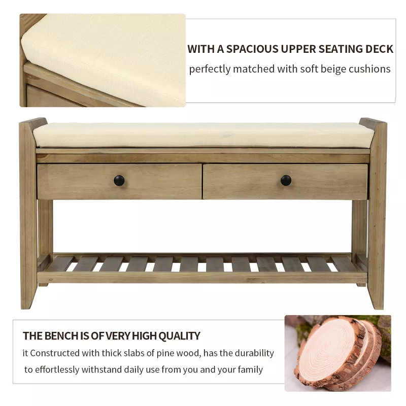 Farmhouse Entryway Bench with Cushion, Shoe Storage Drawers & Bottom Rack, 39" Solid Wood Organizer extra image