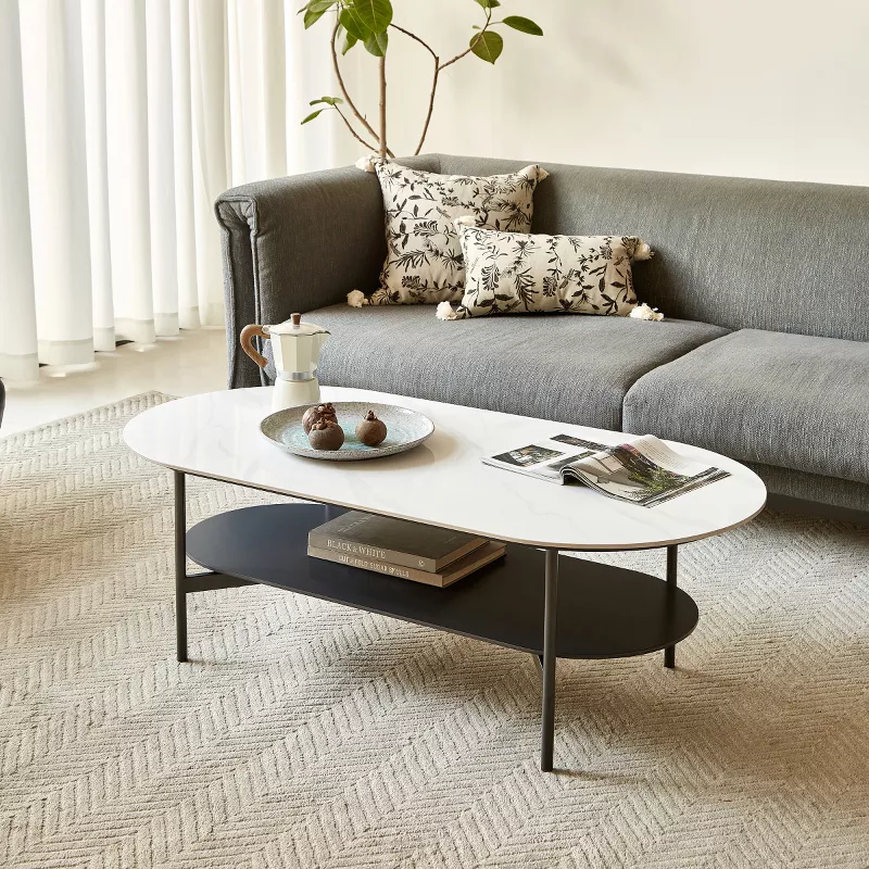 Baofuwish Modern Oval 2-Tier Coffee Table, 47” Sintered Stone Top with Black Metal Frame for Living | AmazPromo