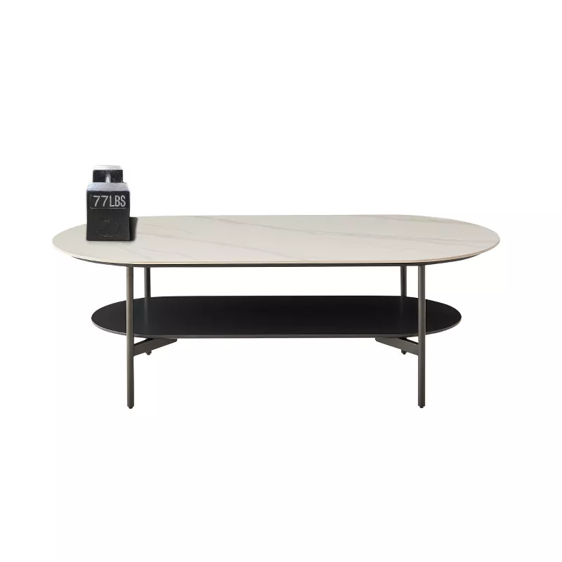 Baofuwish Modern Oval 2-Tier Coffee Table, 47” Sintered Stone Top with Black Metal Frame for Living | AmazPromo