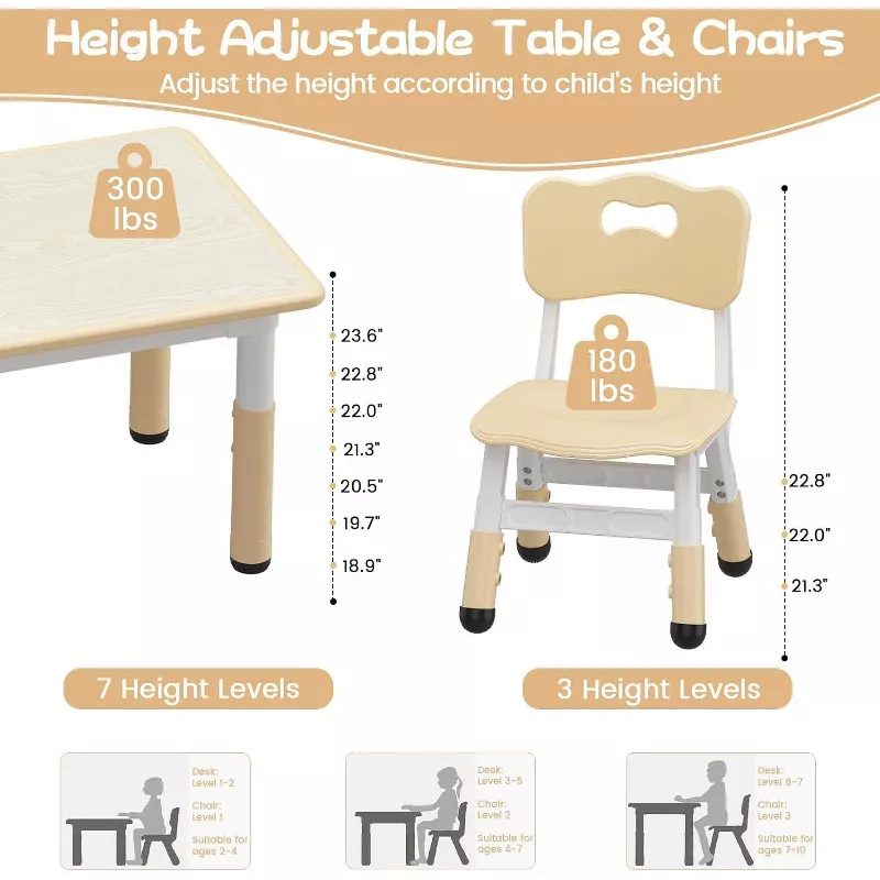 Kids Table and Chairs Set with Adjustable Height, Multi-Activity Toddler Study Table for 2, Playroom | AmazPromo