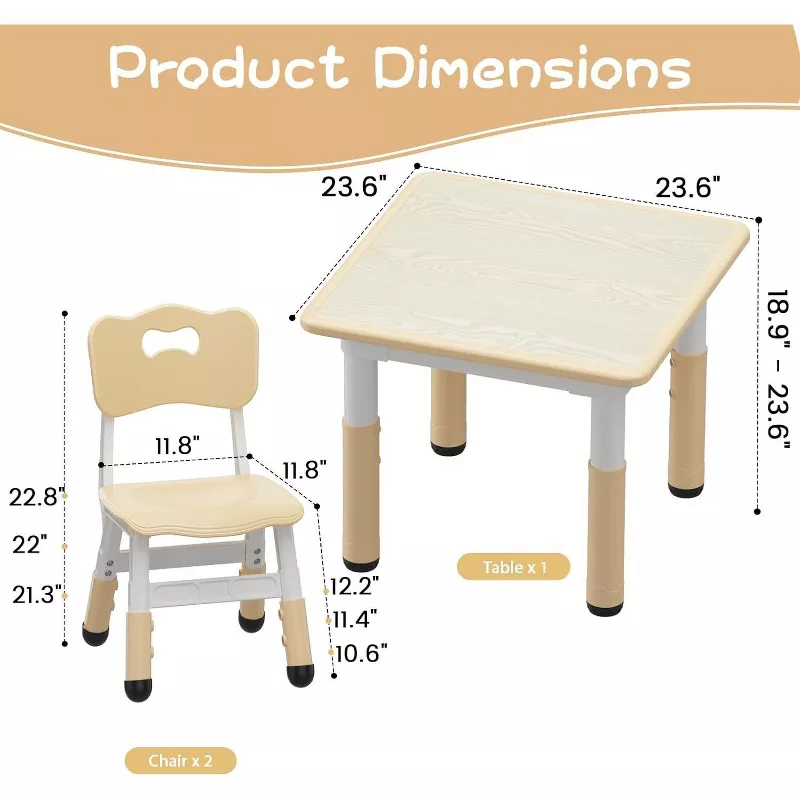 Kids Table and Chairs Set with Adjustable Height, Multi-Activity Toddler Study Table for 2, Playroom | AmazPromo