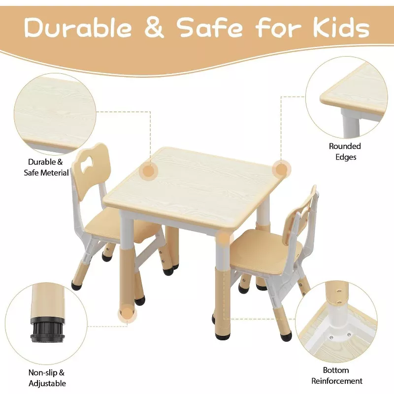 Kids Table and Chairs Set with Adjustable Height, Multi-Activity Toddler Study Table for 2, Playroom extra image