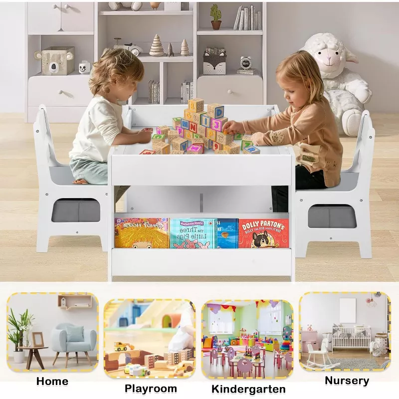 Kinder King Kids Activity Table and 2 Chairs Set, 4-in-1 Wooden Toddler Desk with Blackboard | AmazPromo