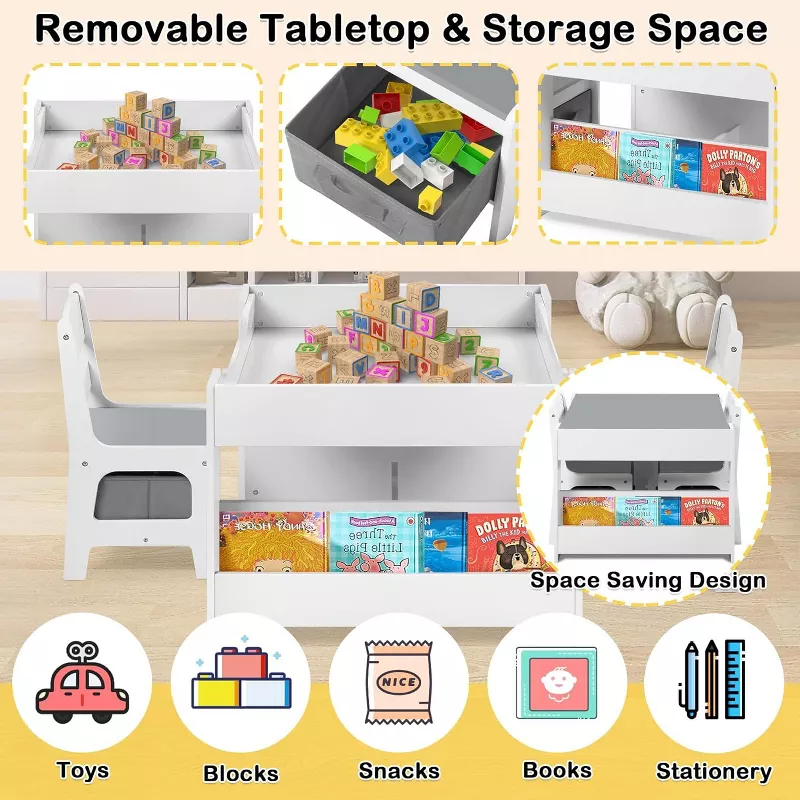 Kinder King Kids Activity Table and 2 Chairs Set, 4-in-1 Wooden Toddler Desk with Blackboard extra image