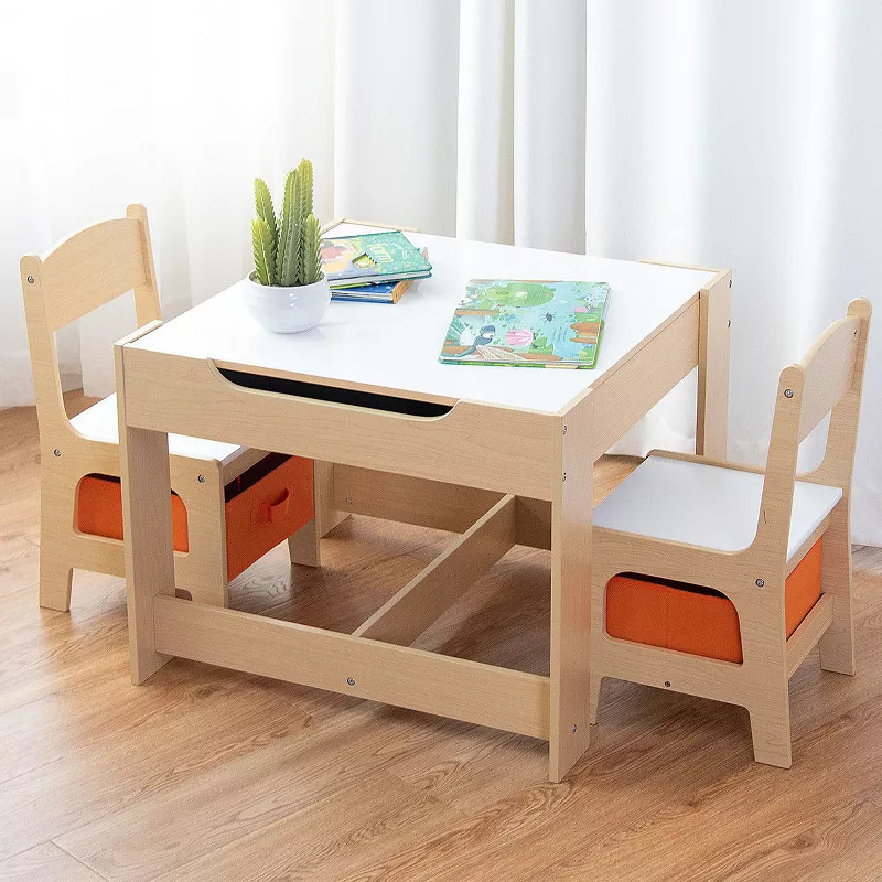 Tangkula Kids Table and Chairs Set with Storage, 2-in-1 Whiteboard & Blackboard Activity Desk, Woode | AmazPromo
