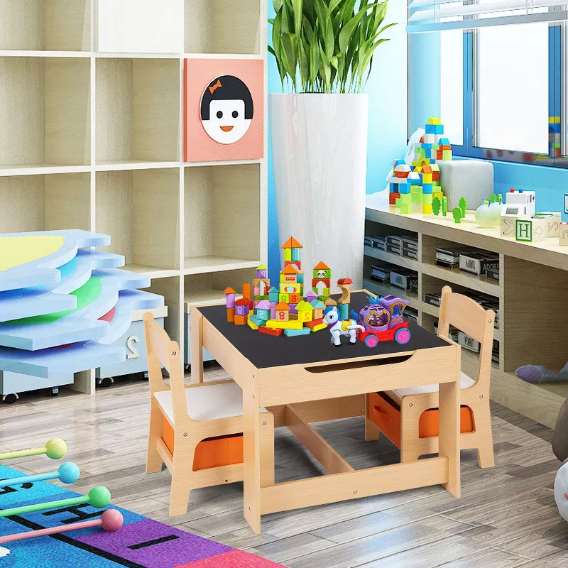 Tangkula Kids Table and Chairs Set with Storage, 2-in-1 Whiteboard & Blackboard Activity Desk, Woode | AmazPromo