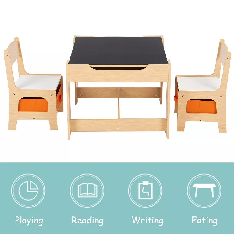 Tangkula Kids Table and Chairs Set with Storage, 2-in-1 Whiteboard & Blackboard Activity Desk, Woode extra image