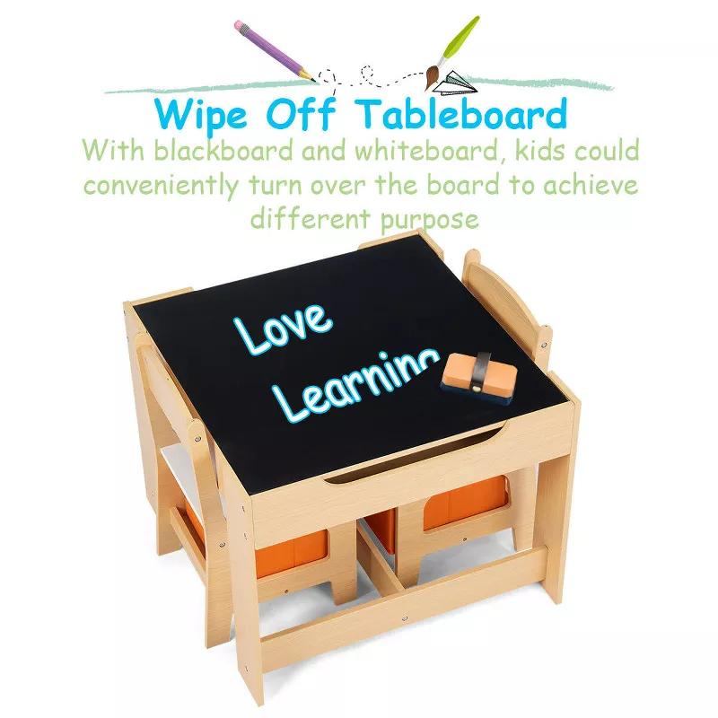 Tangkula Kids Table and Chairs Set with Storage, 2-in-1 Whiteboard & Blackboard Activity Desk, Woode extra image