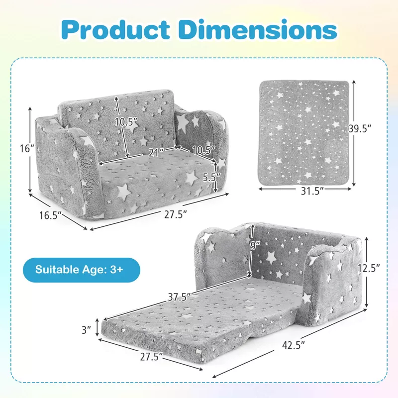 Infans 2-in-1 Kids Sofa Chair with Blanket, Folding Toddler Couch Lounger for 3+ Boys & Girls, Flann | AmazPromo