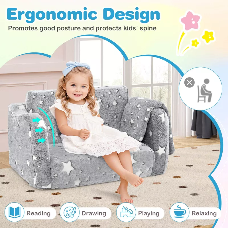 Infans 2-in-1 Kids Sofa Chair with Blanket, Folding Toddler Couch Lounger for 3+ Boys & Girls, Flann extra image