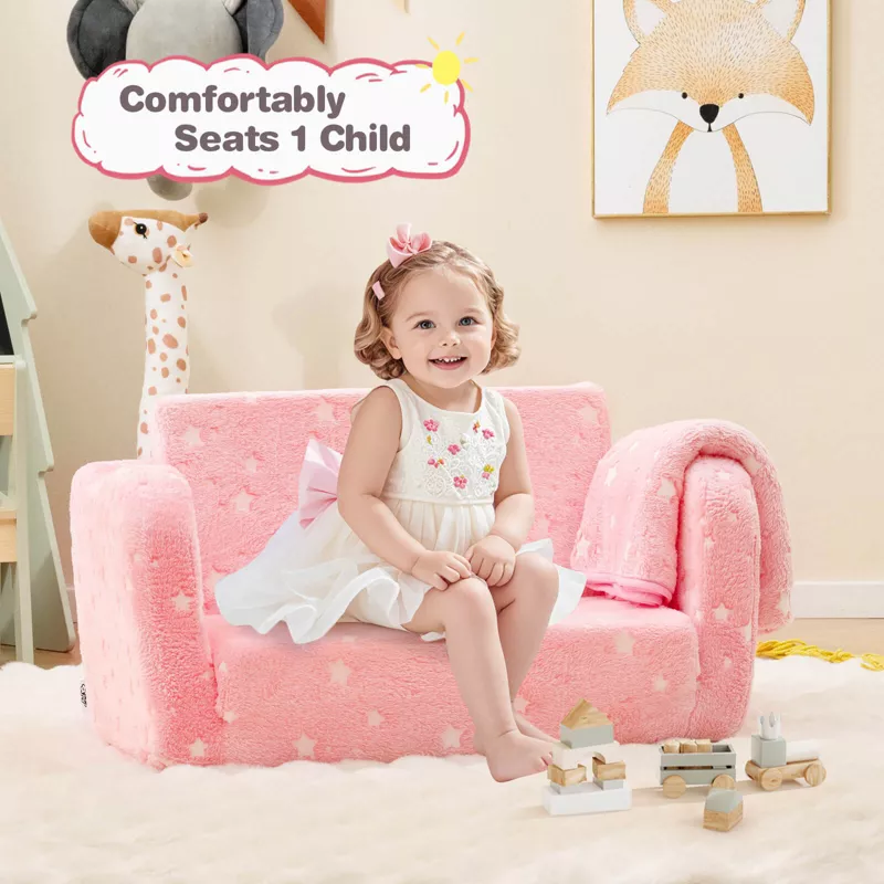 Infans 2-in-1 Kids Rainbow Couch & Toddler Recliner with Glow-in-the-Dark Blanket – Foldable Cozy Ch | AmazPromo