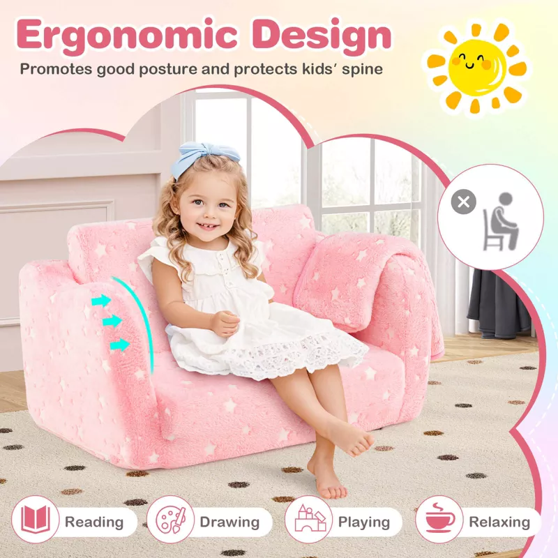 Infans 2-in-1 Kids Rainbow Couch & Toddler Recliner with Glow-in-the-Dark Blanket – Foldable Cozy Ch extra image