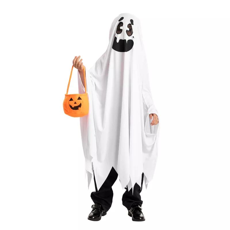 Joyfy Toddler Ghost Halloween Costume with Pumpkin Basket – Cute White Cape for Kids Dress Up & Tric | AmazPromo