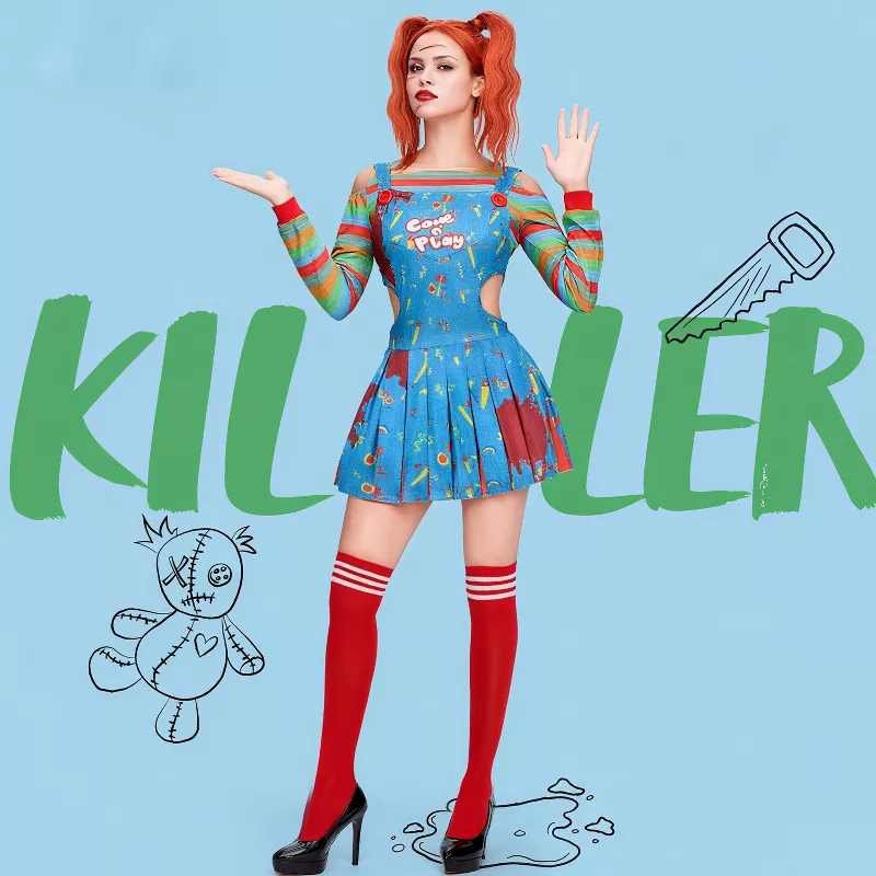 Joyfy Women’s Creepy Doll Halloween Costume – Killer Clown Outfit with Top, Suspender Skirt & Knee-H | AmazPromo