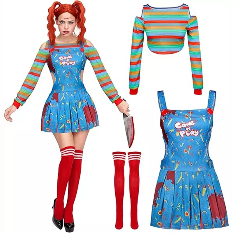 Joyfy Women’s Creepy Doll Halloween Costume – Killer Clown Outfit with Top, Suspender Skirt & Knee-H | AmazPromo