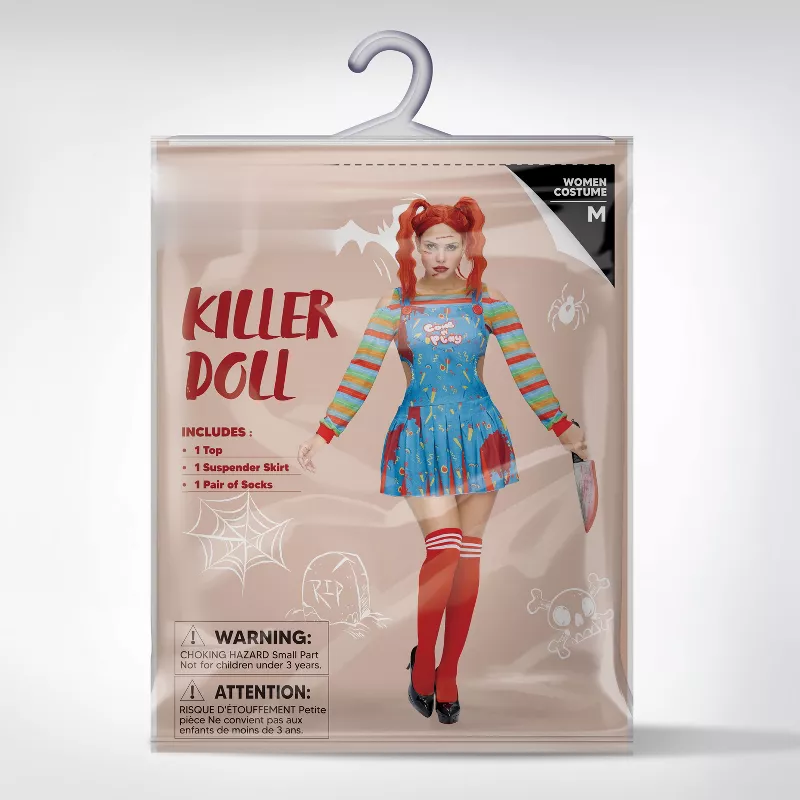 Joyfy Women’s Creepy Doll Halloween Costume – Killer Clown Outfit with Top, Suspender Skirt & Knee-H extra image