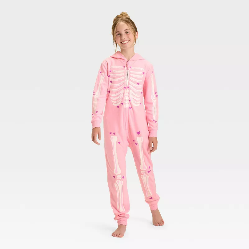 Girls’ Pink Skeleton Halloween Pajamas Union Suit – Cat & Jack™ Hooded Costume Sleepwear for Kids | AmazPromo