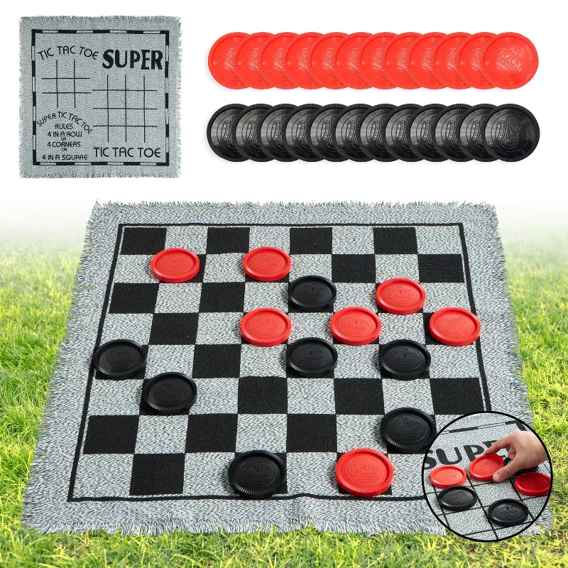 Joyfy 3-in-1 Giant Checkers & Tic Tac Toe Outdoor Board Game Set – Reversible Mat with 24 Large Chec | AmazPromo