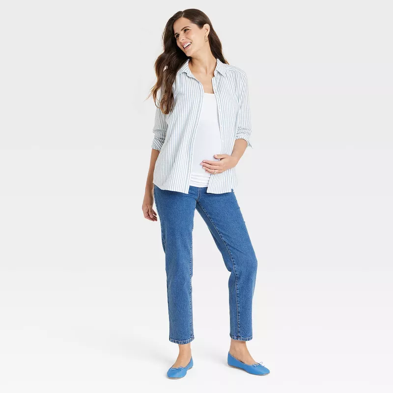 Isabel Maternity Over-Belly 90’s Straight High-Rise Stretch Denim Jeans | AmazPromo