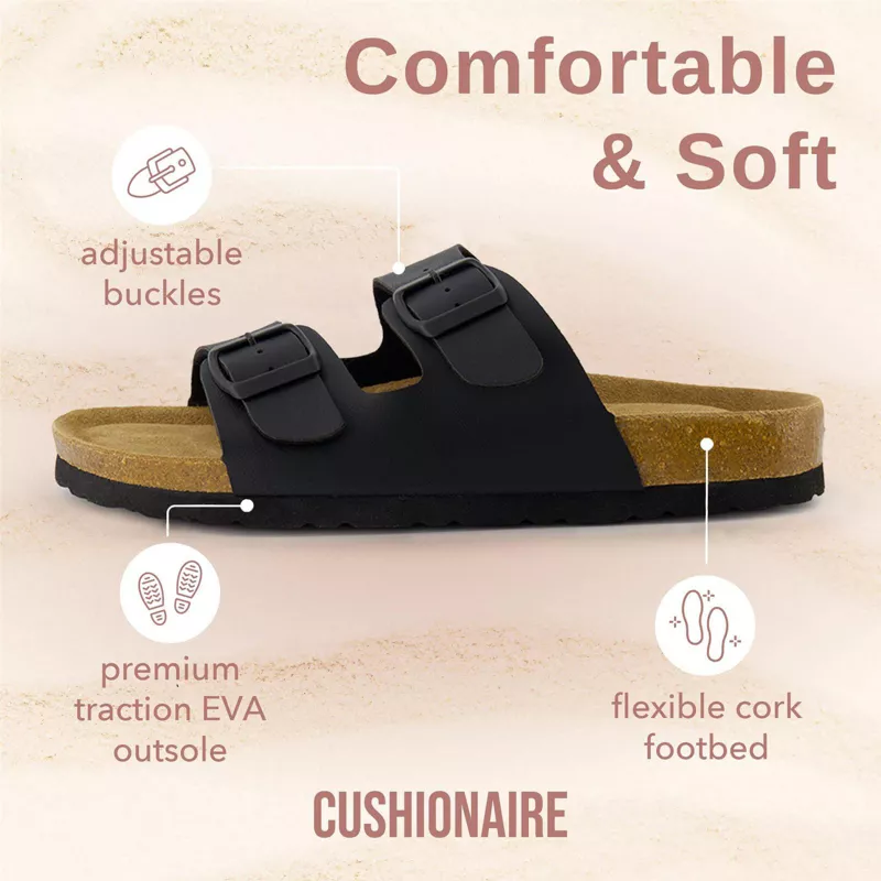 CUSHIONAIRE Lane Women’s Cork Footbed Sandals – Double Buckle Slip-On | AmazPromo