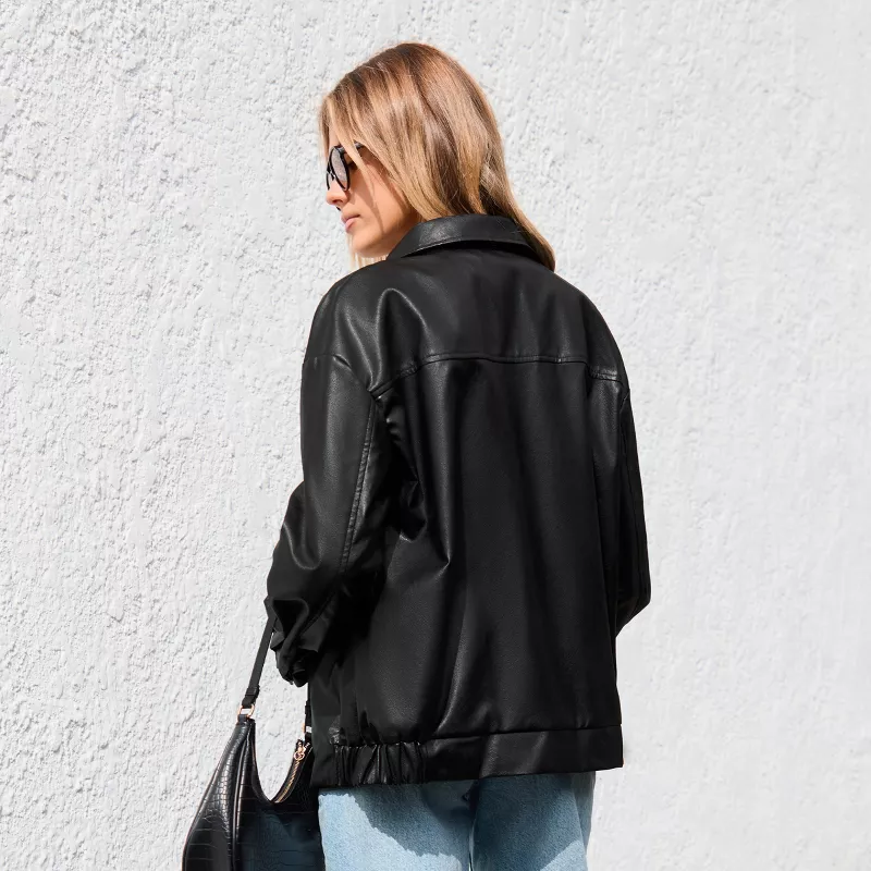Cupshe Women's Black Faux Leather Bomber Jacket – Trendy Moto Style Outerwear | AmazPromo