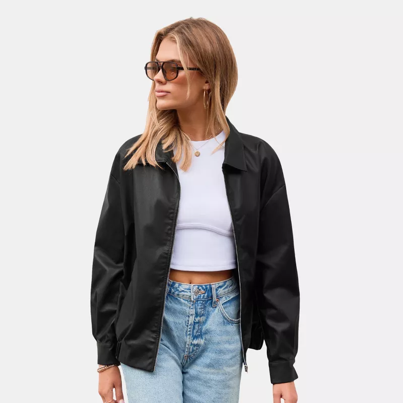 Cupshe Women's Black Faux Leather Bomber Jacket – Trendy Moto Style Outerwear extra image