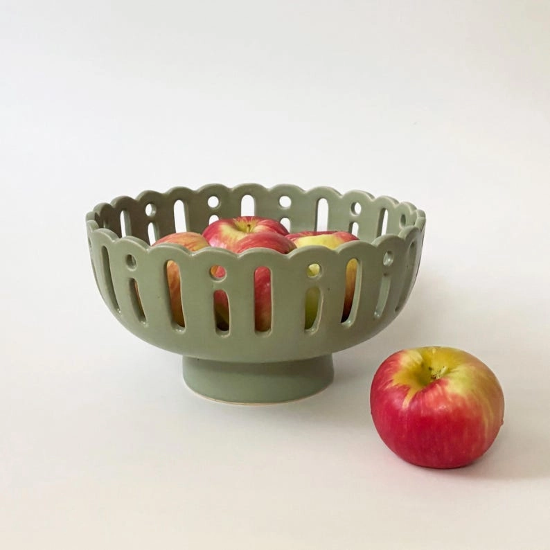 ClayAura Studio Handmade Scallop Edge Ceramic Fruit Bowl – Green Pedestal | AmazPromo