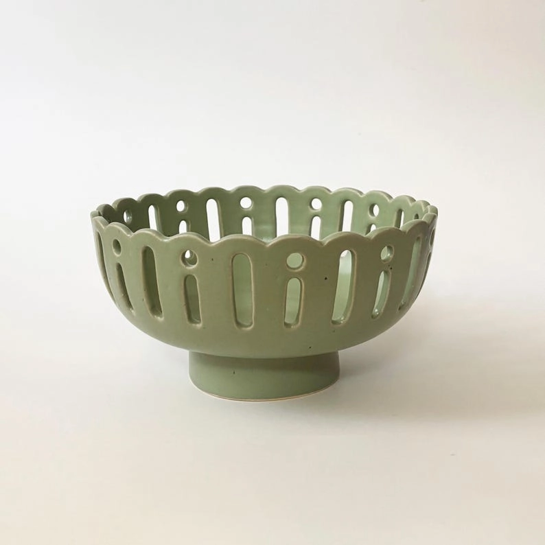 ClayAura Studio Handmade Scallop Edge Ceramic Fruit Bowl – Green Pedestal extra image
