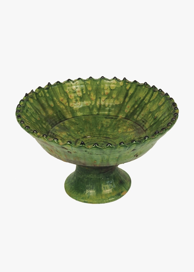 MoroccanWhite Handmade Tamegroute Green Glazed Pedestal Fruit Bowl | AmazPromo