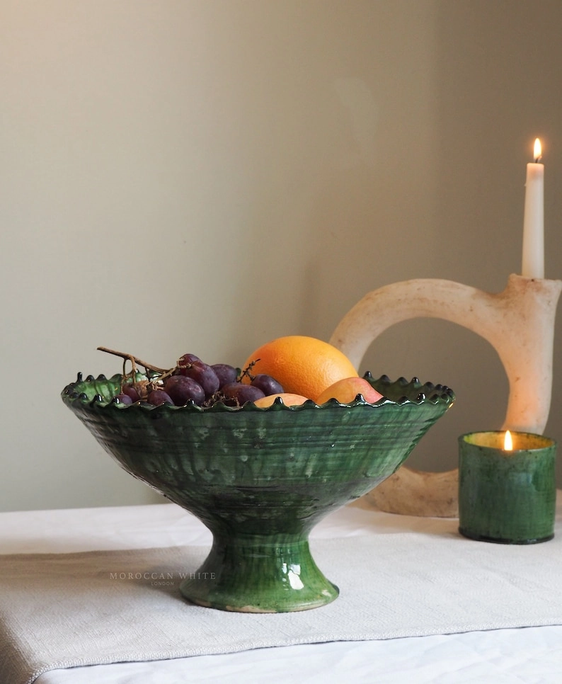 MoroccanWhite Handmade Tamegroute Green Glazed Pedestal Fruit Bowl extra image