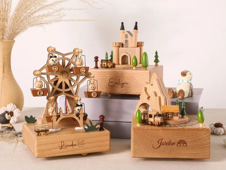 Personalized Wooden Ballerina Carousel Music Box with Engraved Name | AmazPromo